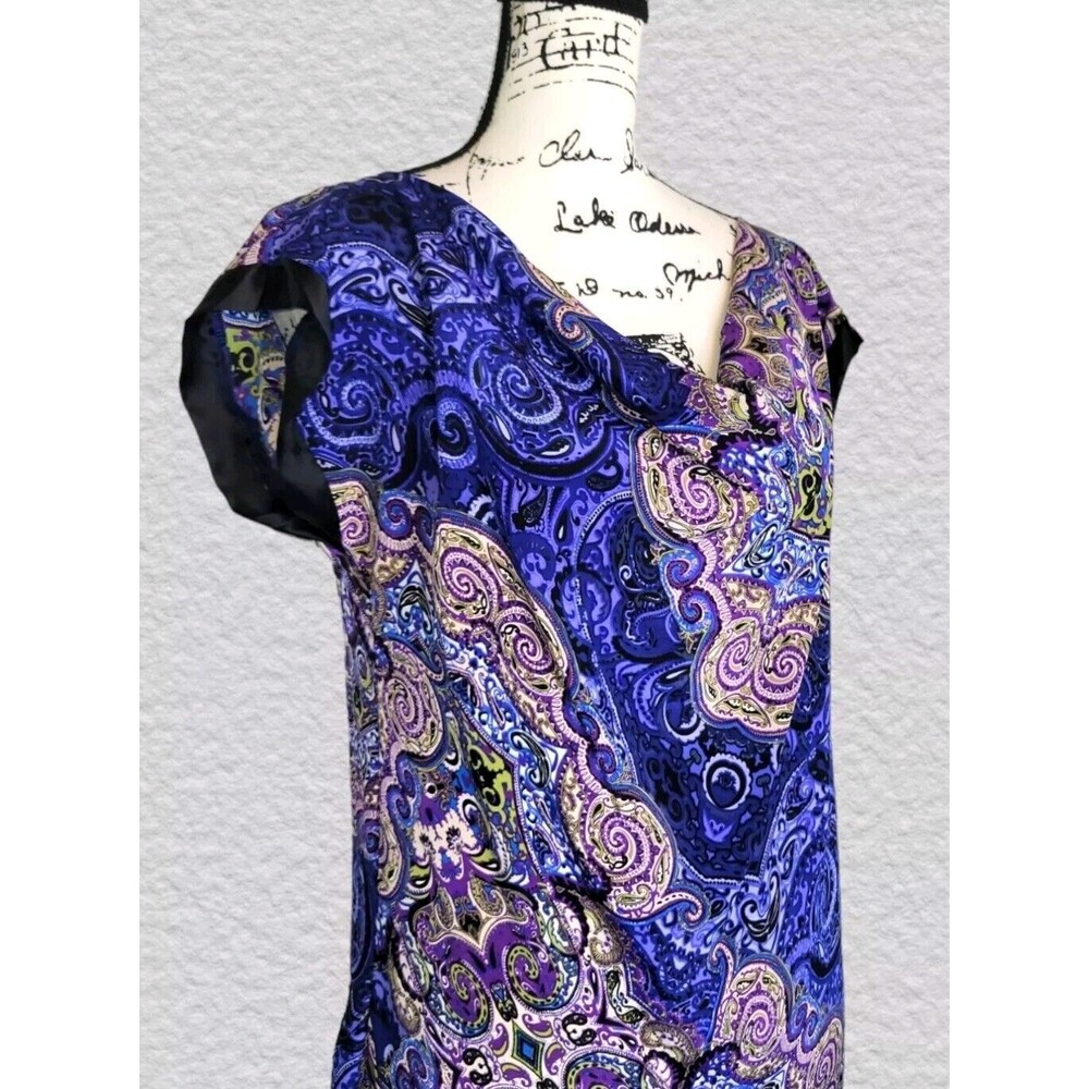 Jenny Han Cowl Neck Mini Dress MED Blue Purple Paisley Silk Tunic Cocktail